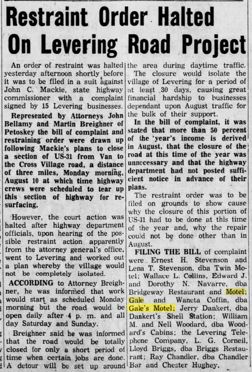 Levering Motel (Gales Motel) - 1959 Article On Road Closing